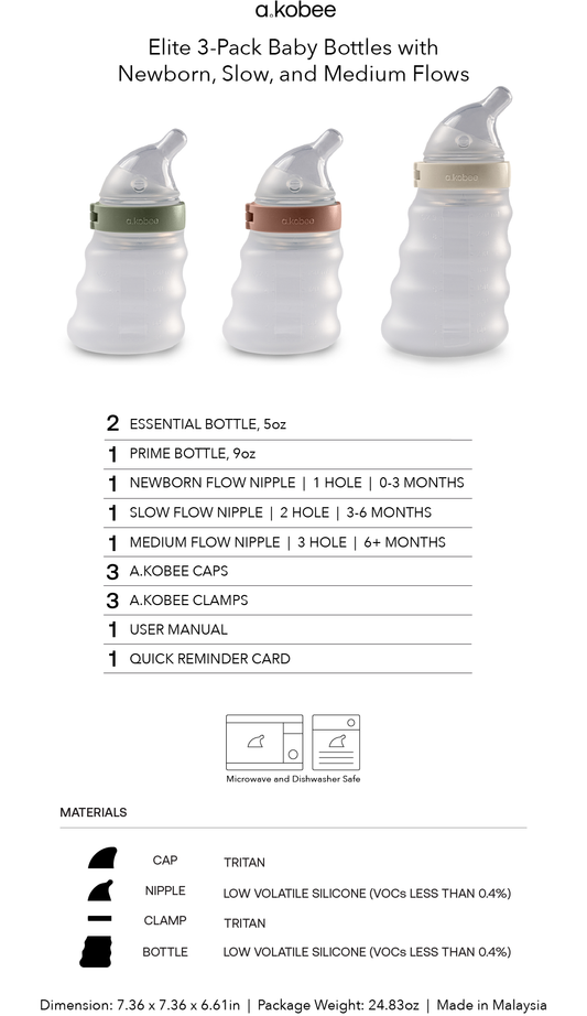 a.kobee Newborn Baby Bottle, Elite, Two 5oz and One 9oz (with Various flows)
