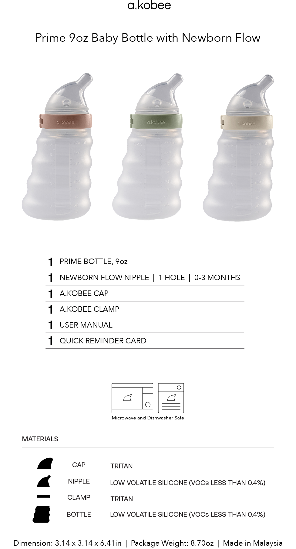 a.kobee Newborn Baby Bottle, Prime, 9oz (with Newborn flow)