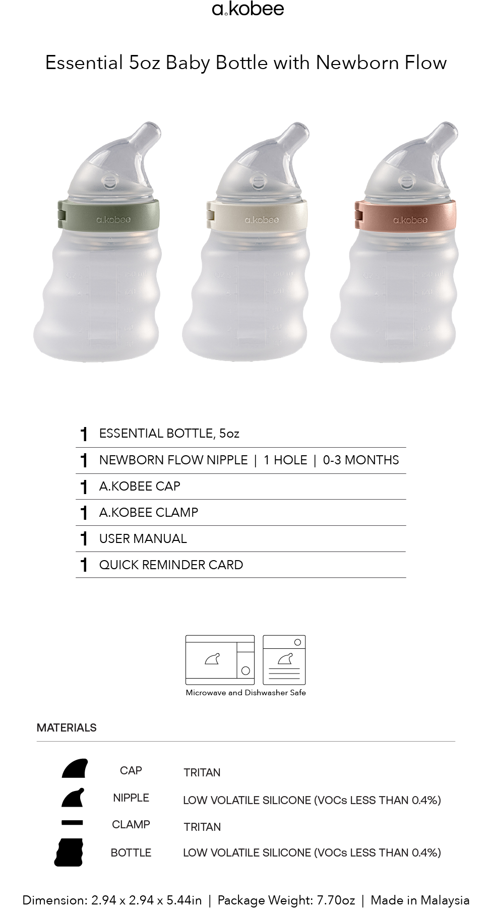 a.kobee Newborn Baby Bottle, Essentials. 5oz (with Newborn flow)