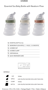 a.kobee Newborn Baby Bottle, Essentials. 5oz (with Newborn flow)