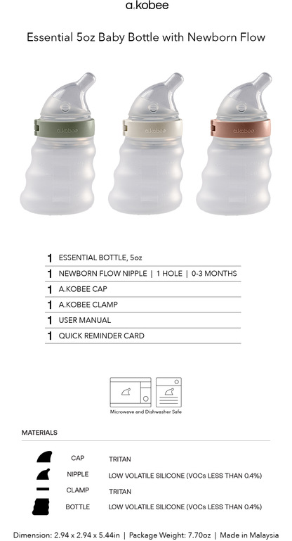 a.kobee Newborn Baby Bottle, Essentials. 5oz (with Newborn flow)