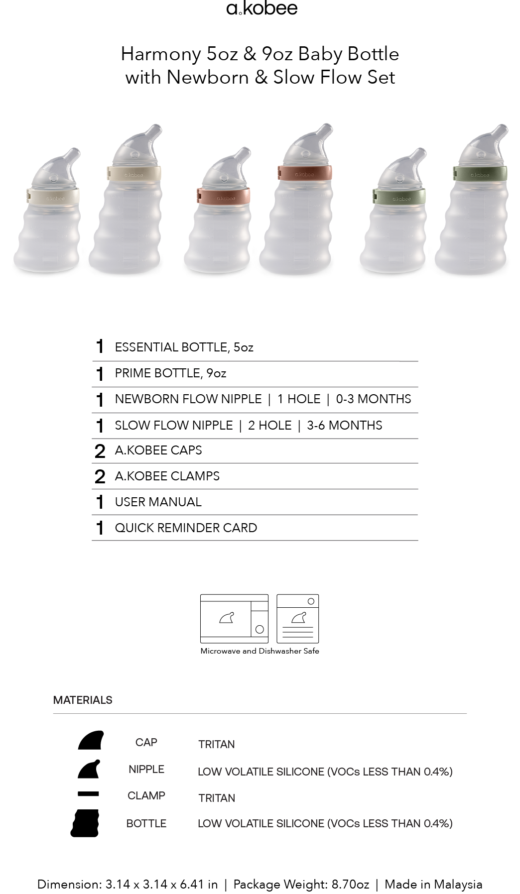 a.kobee Newborn Baby Bottle, Harmony, 5oz and 9oz (with Newborn and Slow Flow)