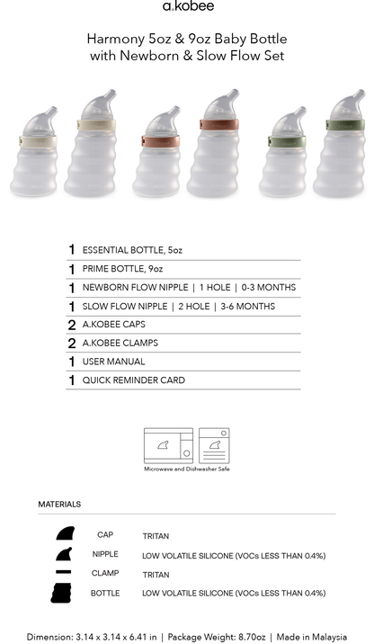 a.kobee Newborn Baby Bottle, Harmony, 5oz and 9oz (with Newborn and Slow Flow)