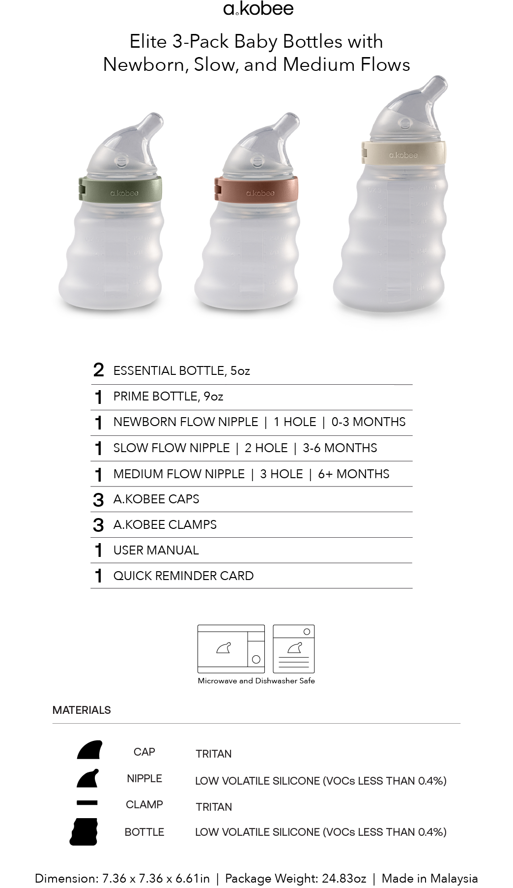 a.kobee Newborn Baby Bottle, Elite, Two 5oz and One 9oz (with Various flows)