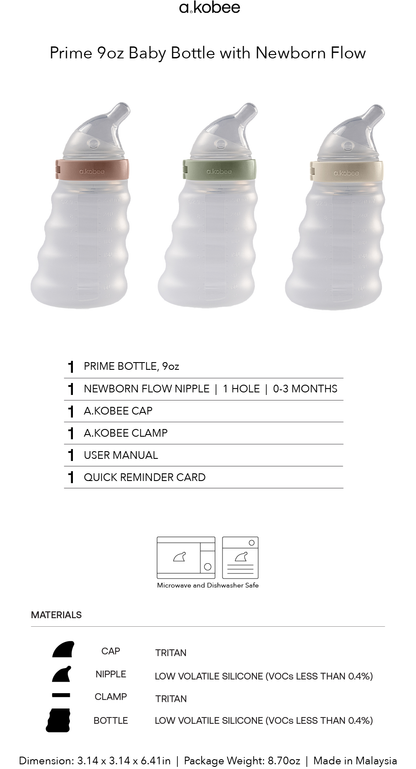 a.kobee Newborn Baby Bottle, Prime, 9oz (with Newborn flow)